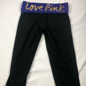 Pink brand yoga pant size M black W/ gold purple waist band W good glitter.